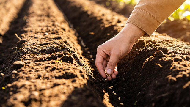 A hand carefully sows seeds