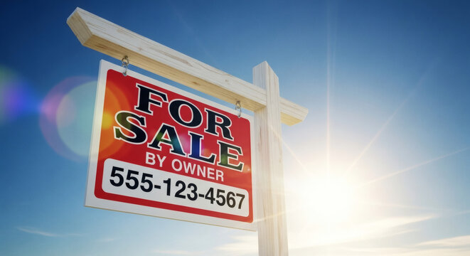 A for sale by owner sign stands in front of a bright blue sky with the sun shining.