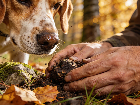 Truffle hunter holding fresh black truffle