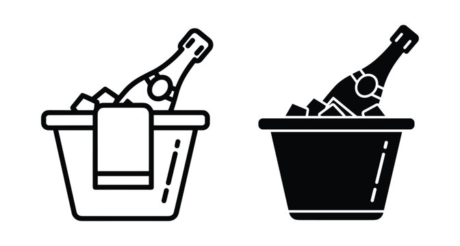 Champagne bottle in ice bucket icon set with line and solid styles for celebration party wedding anniversary and special event