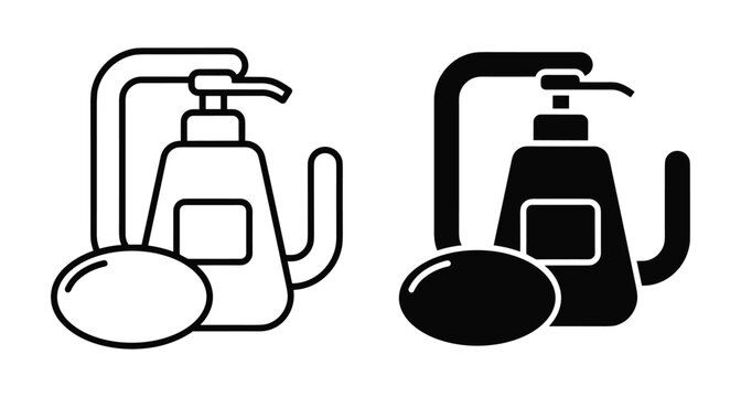 Liquid soap dispenser and bar soap icons in outline and solid styles for bathroom hygiene and personal care products design
