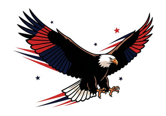 Fototapeta premium Majestic bald eagle flying wings spread wide symbolizing freedom power and american pride in patriotic colors red white and blue stars background