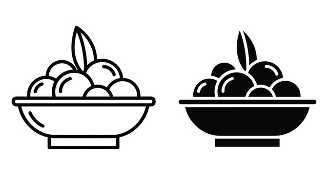 Minimalist food bowl with leaf icon for menu and restaurant design set featuring outline and solid black silhouette styles for Mediterranean food menu design