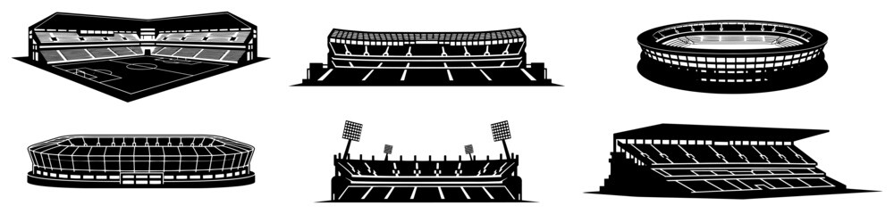 Soccer stadium icons and football arena silhouettes set in flat vector style © Aisha Kudorova