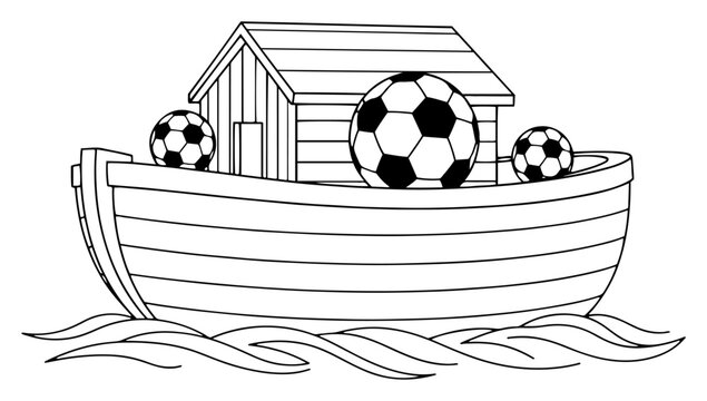 Noahs ark boat filled with soccer balls floating on water waves in simple line art style