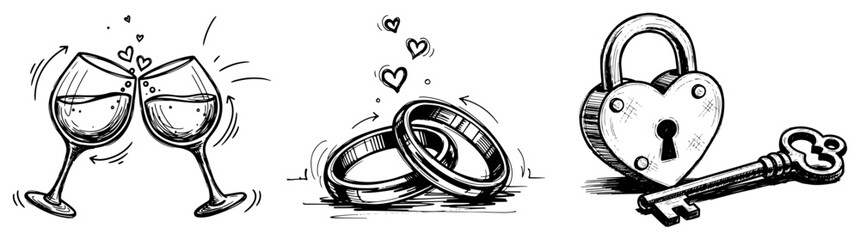 Wedding and love celebration symbols with wine glasses rings and heart padlock in hand drawn sketch style © Aisha Kudorova