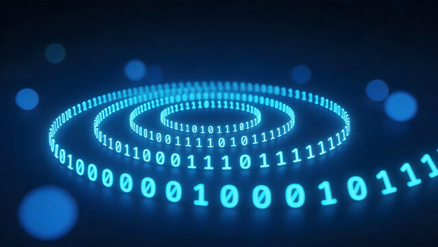Binary code spiral on dark background