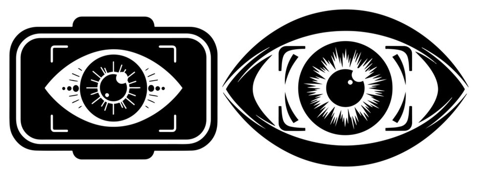 Iris scanning and digital eye biometric icons in black and white graphic style