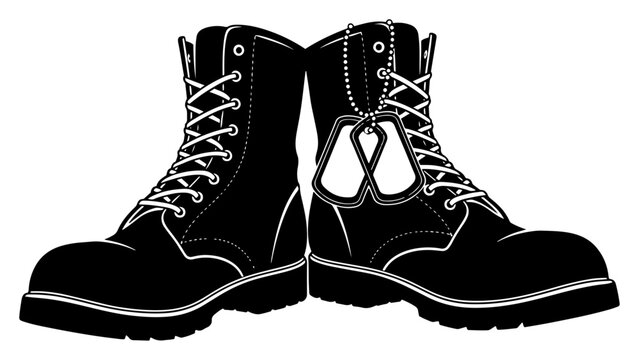 Military combat boots and identification dog tags in black and white graphic style