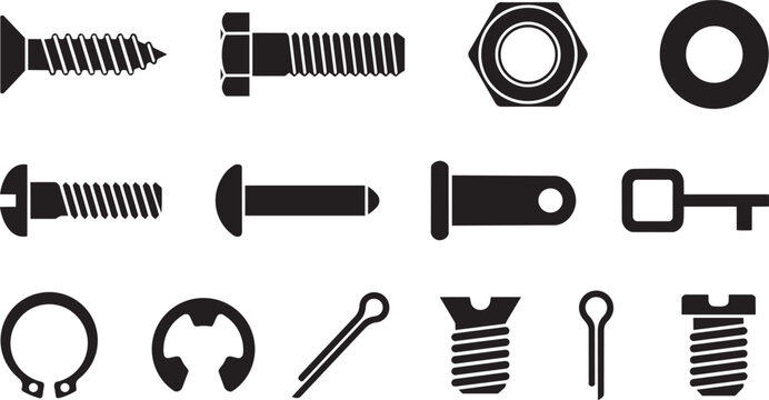 Vector Set of Industrial Fastener Icons Including Bolts Screws Nuts Washers Rivets Retaining Rings and Pins for Mechanical Engineering Hardware and Technical Machinery Construction Design