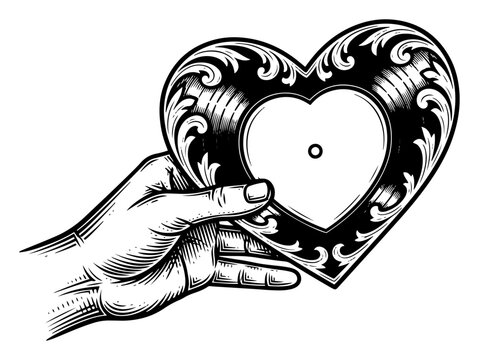 Hand holding ornate heart shaped vinyl record in vintage engraving style