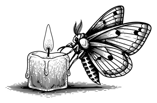 Moth flying towards a burning candle in vintage engraving style