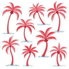 Obraz premium Collection of stylized coral pink palm trees with coconuts, set against a white background with blue wavy water at the base