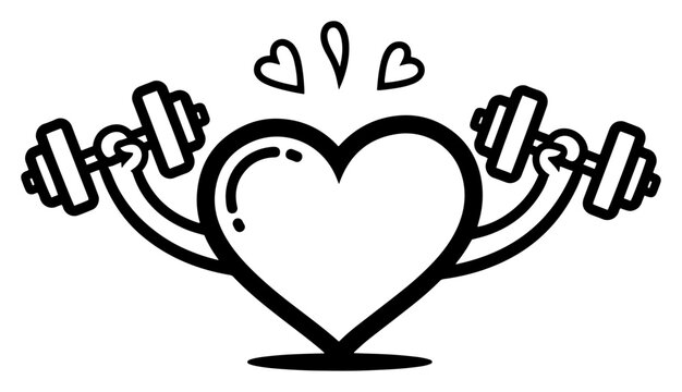 Heart character lifting dumbbells for fitness workout in bold cartoon line art style