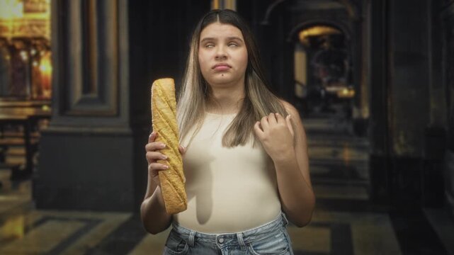 Young hispanic woman holding a baguette and touching her hair in a dim building, neutral expression, standing center frame with denim jeans and upright stance; boredom.