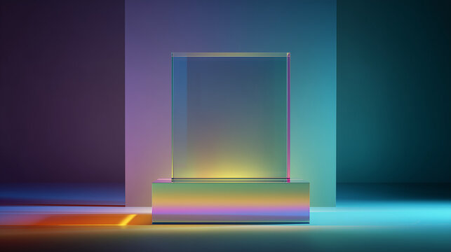 Iridescent glass cubes on dark podium with neon glow; futuristic minimal style, abstract tech concept, ideal for product display, branding, digital ads and innovation presentations