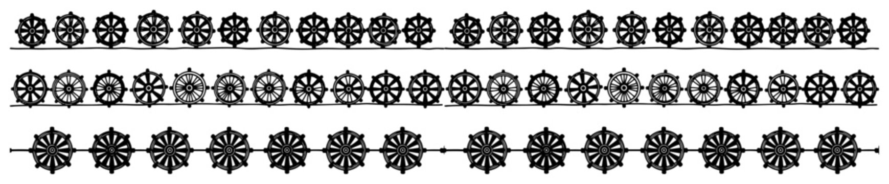 Buddhist dharma wheel symbols arranged in decorative horizontal borders