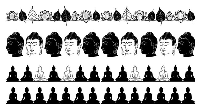 Buddha head profiles with meditating silhouettes and lotus flowers in minimalist style