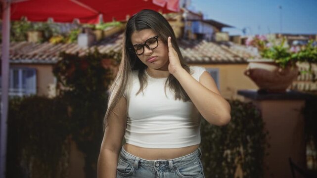 Young woman with glasses touching ear beside building roof tiles, wearing white crop top and denim jeans, squinting in sunlight; earache pain discomfort.