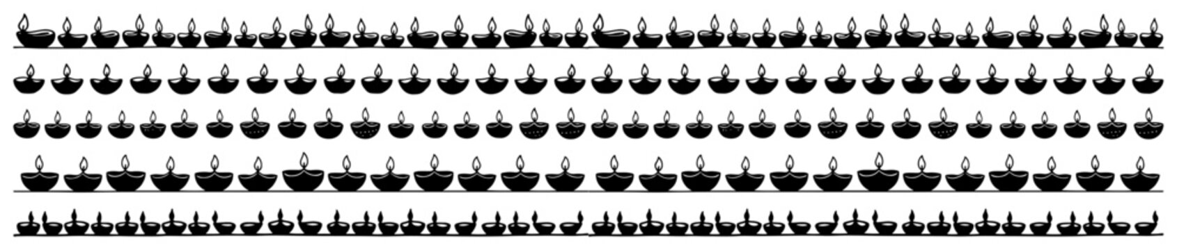 Diwali diya oil lamp decorative borders for indian festival celebration in black and white silhouette style