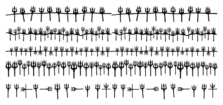 Trident symbols and pitchfork patterns in flat silhouette style