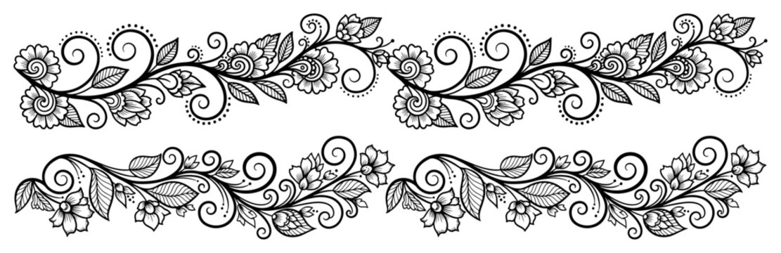 Elegant floral borders with swirling vines and flowers in henna mehendi style