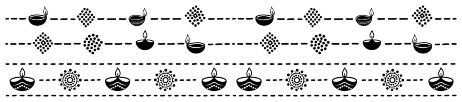 Diya oil lamps and geometric mandala symbols on dashed lines for Diwali border design in minimalist silhouette style
