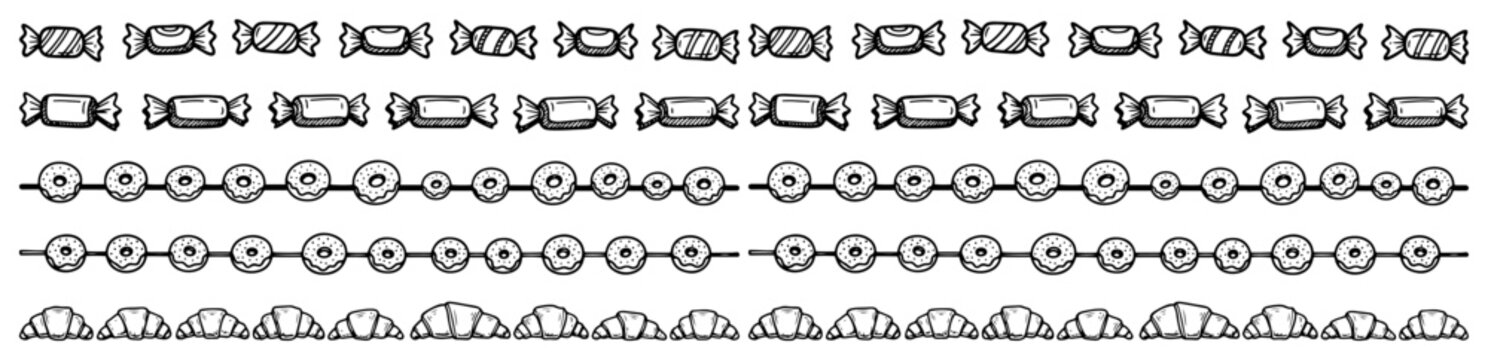 Bakery and candy border rows with croissants donuts and wrapped sweets in hand drawn sketch style