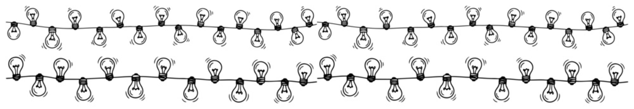 Party string lights border with glowing bulbs in hand drawn sketchy style