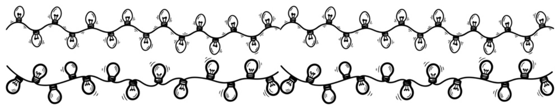 Wavy fairy lights border and decorative string bulbs in hand drawn sketchy style