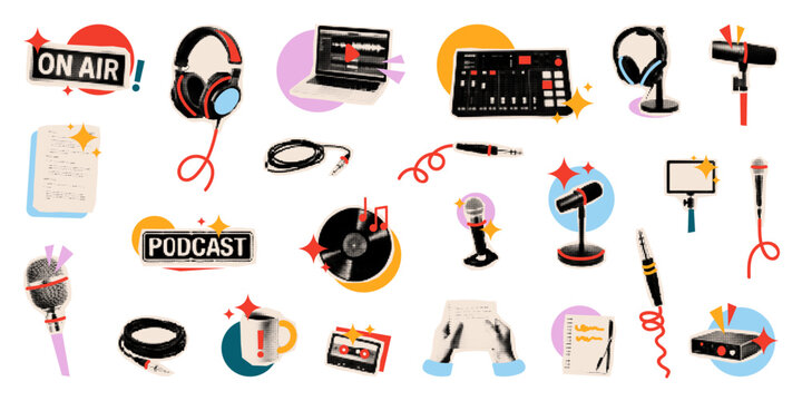Set of trendy halftone collage vector illustration with podcast equipment. Icons featuring microphone, headphone, mixer, and audio recorder for recording studio and broadcasting design.