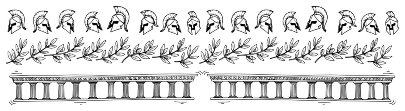 Spartan helmets olive branches and ancient columns for decorative borders in sketch style