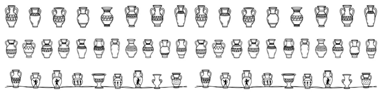 Greek amphorae and pottery vases for pattern borders in doodle style
