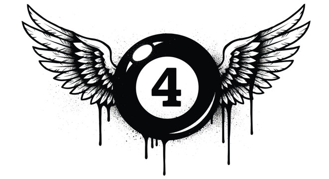 A black eight ball with wings and dripping paint featuring the number four