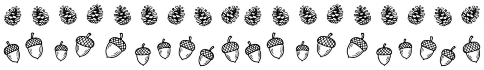 Pine cone and acorn borders for autumn forest themes in hand drawn sketchy style © Aisha Kudorova
