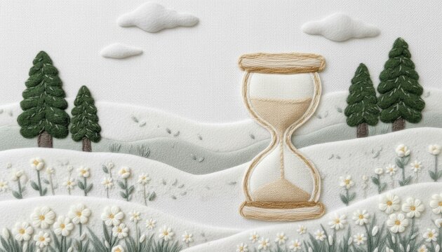 Felt hourglass in nature landscape. Time management and deadline concept
