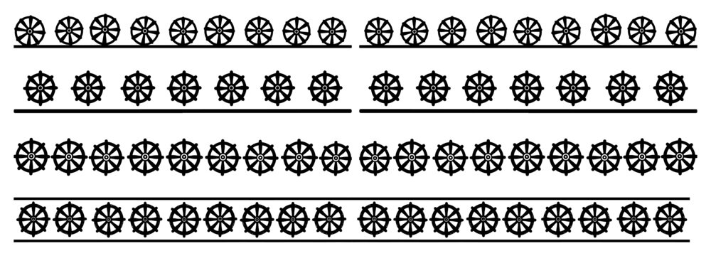 Dharmachakra Wheel of Dharma symbols in decorative borders in hand drawn style