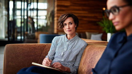 a business discussion in a modern office lounge, thoughtful woman with short wavy hair in a striped blouse sitting on a brown sofa with a notebook, second professional woman beside