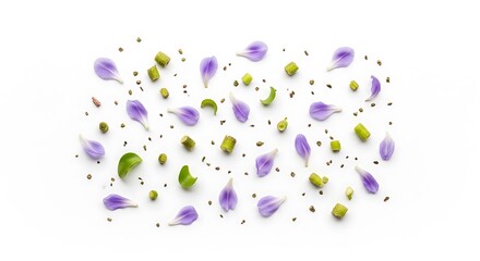 Fototapeta premium Top view of various colorful flower petals and seeds scattered on a white background.