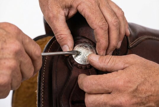 Using a screwdriver to attach a silver concho to a leather saddle
