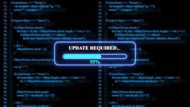Computer screen displaying code with update required progress bar