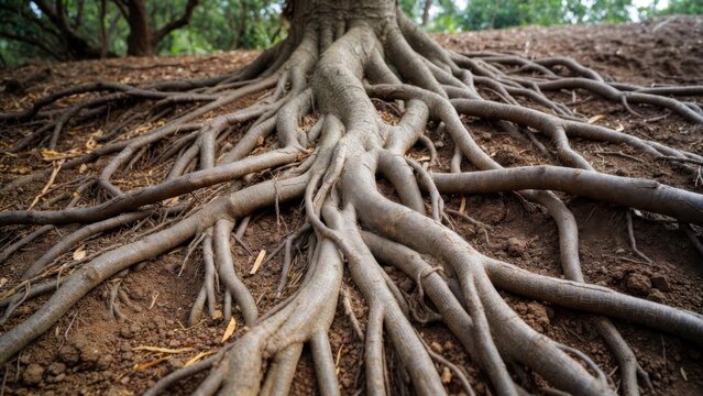 Exposed tree roots closeup texture for natural background and ecological poster design showing tangled woody network and soil detail
