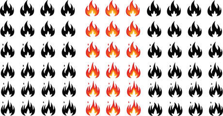 Obraz premium Set of fire flame icons collection with black silhouettes and colored flames flat vector illustration bundle