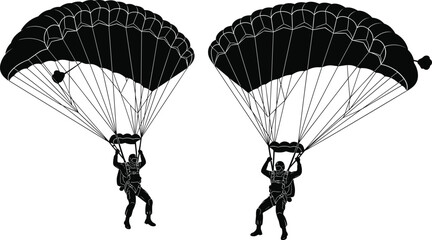 Parachuting skydiver silhouettes with parachute canopy airborne extreme sport black vector illustration set © MdRissalat