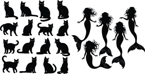 Naklejka premium Set of cat and mermaid silhouettes collection with fantasy characters and animals black vector illustration bundle