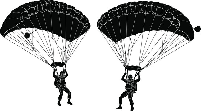 Parachuting skydiver silhouettes with parachute canopy airborne extreme sport black vector illustration set