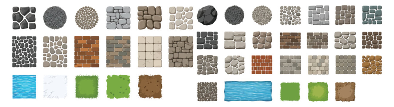Seamless Ground and Wall Texture Tile Set - Stone Brick Pebble Grass Water Dirt Tiles for Game and Design