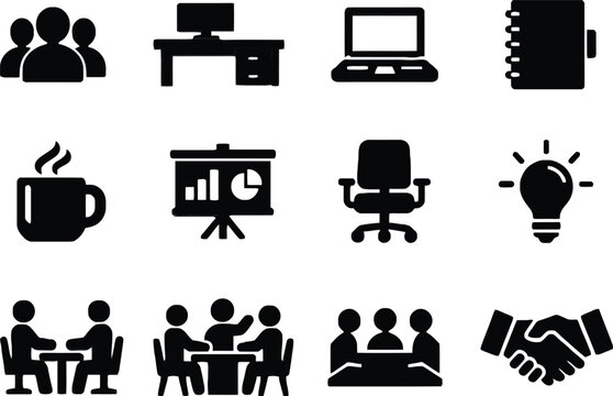 flat design office and business vector icon set with teamwork, technology, and productivity elements