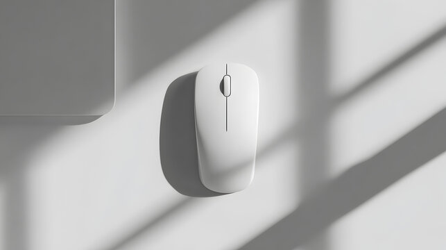 Top View of a Minimalist White Wireless Mouse on a Clean Desk with Artistic Sunlight Window Shadows