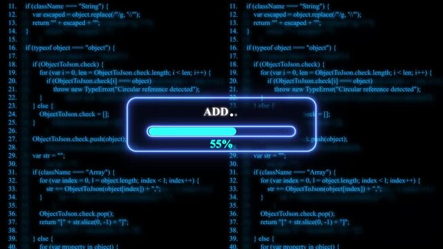 Computer screen with programming code and add progress bar
